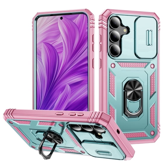 for Samsung S25 FE Case,With Slide Camera Cover,Metal Kickstand Holder Heavy Duty Shockproof Phone Cover For Galaxy S25 FE 6.7"(Green/Pink)