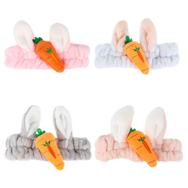 Diademas de orejas de conejo de 4 piezas, diadema de lana de coral elástica encantadora para lavar la cara