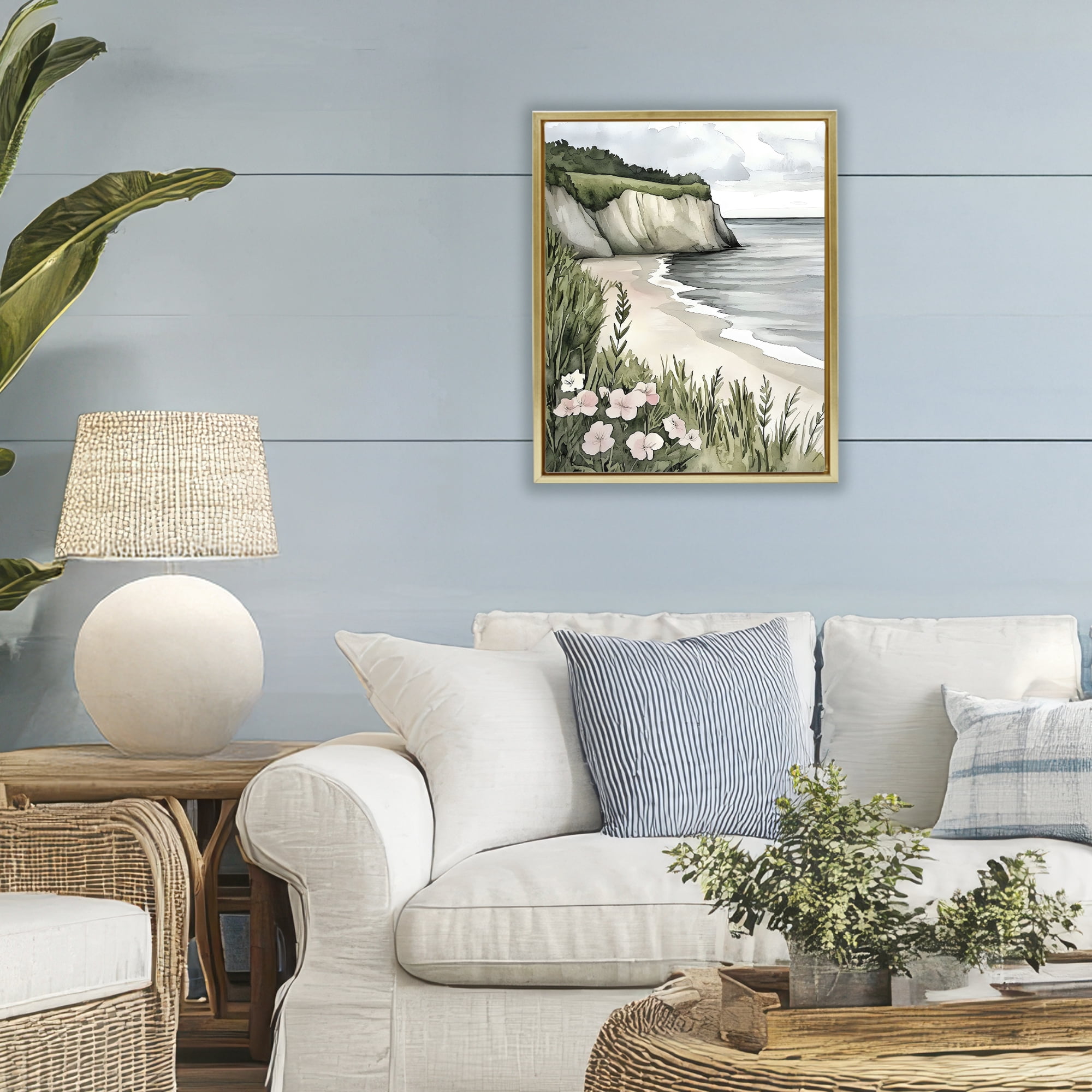Stupell Industries Coastal Calm with Floral Blooms Gold Framed Floater Canvas Wall Art, design by Riley B