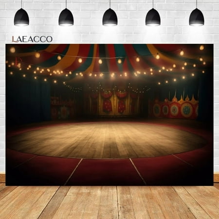 Image of Circus Photography Backdrop Red White Curtain String Lights Clown Balloons Baby Shower Kids Birthday Portrait Background