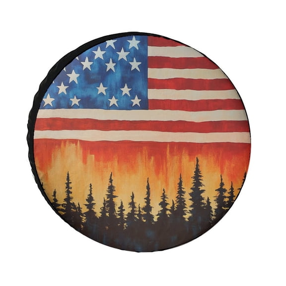 American Flag Sunset with Pine Trees Camping Spare Tire Cover Happy Independence Day Wheel Protectors Tire Covers Weatherproof Wheel Covers Fit for SUV Truck Travel Trailers 12inch