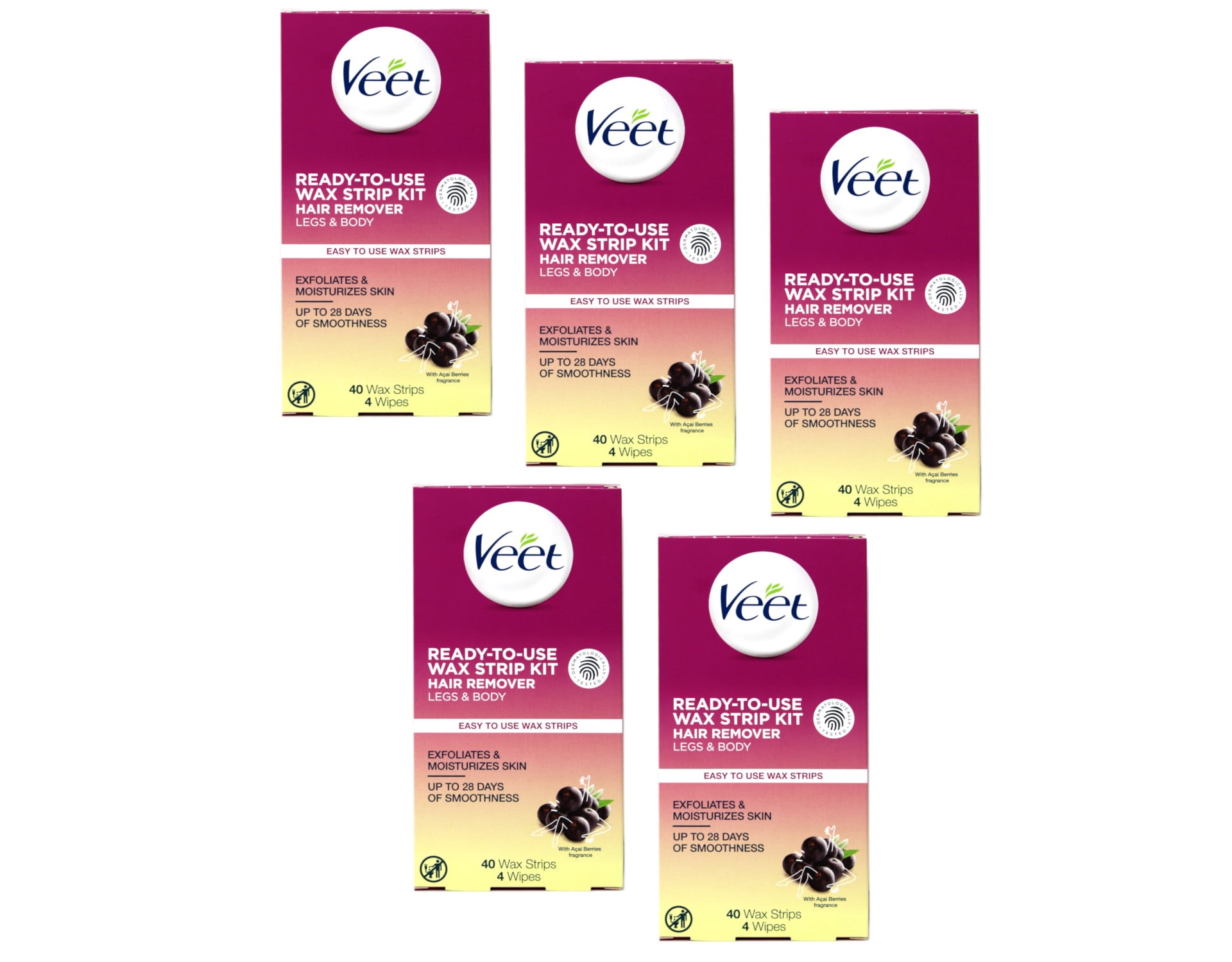 5 Pack Veet Ready to Use Wax Strip Kit Hair Remover Legs & Body 40