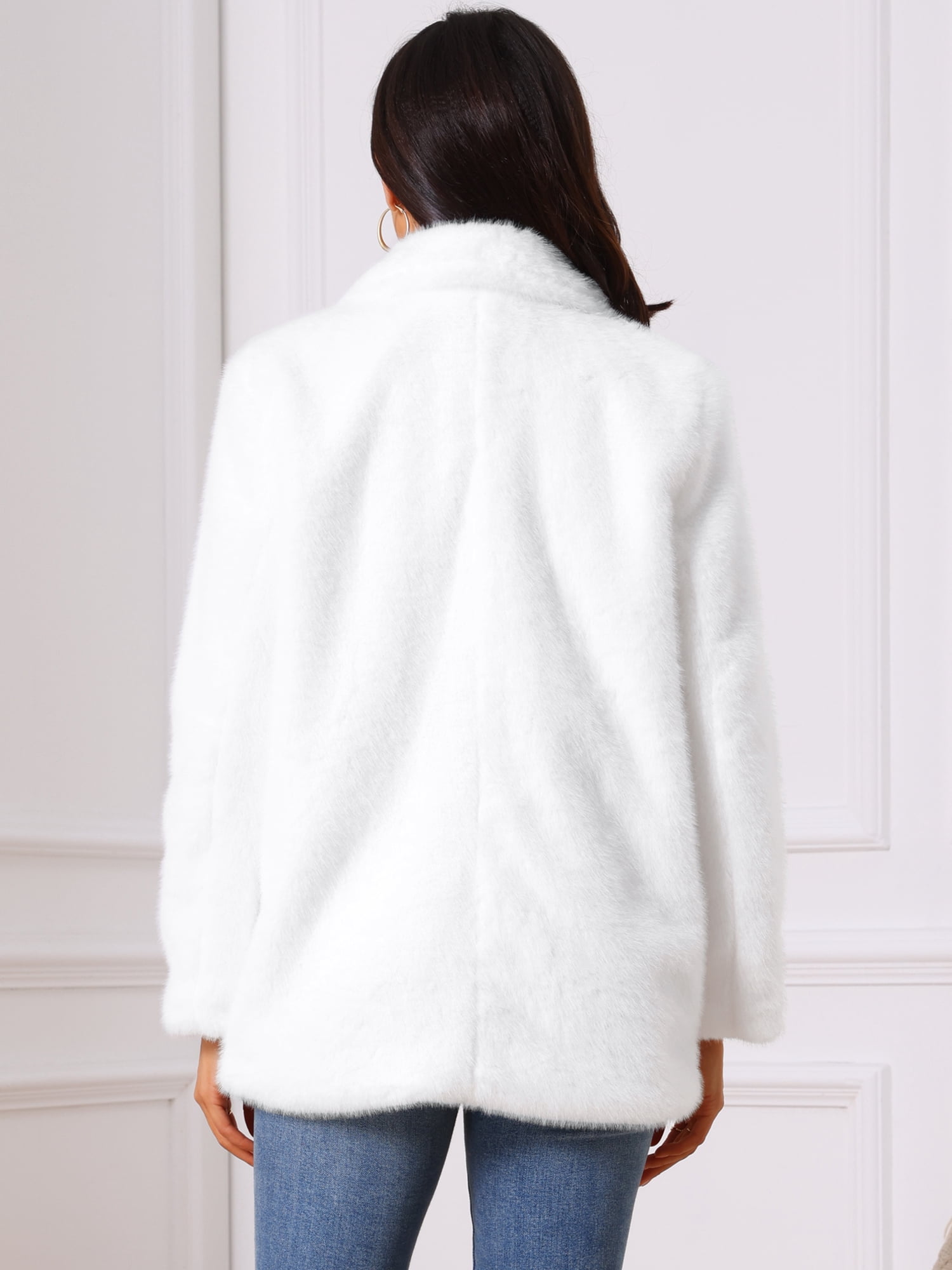 DARING DIVA Women's Faux Fur Coat Open Front Notch Lapel Jacket L White