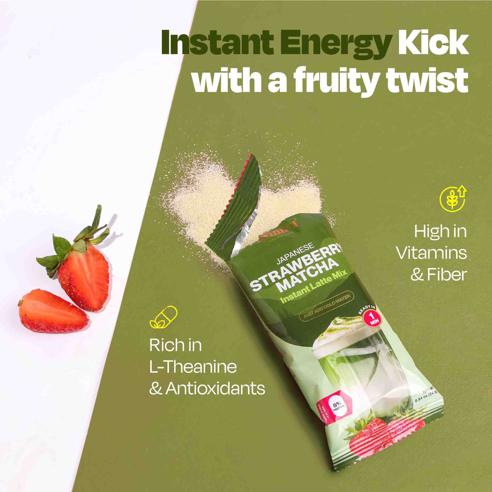 Teaniru, Japanese Strawberry Matcha - Instant Latte in Sachets | Protein - Powered Delight | Japanese Matcha & Strawberry for Energy & Focus | Rich in Vitamin C, Antioxidants & L-Theanine | 8 Sachets