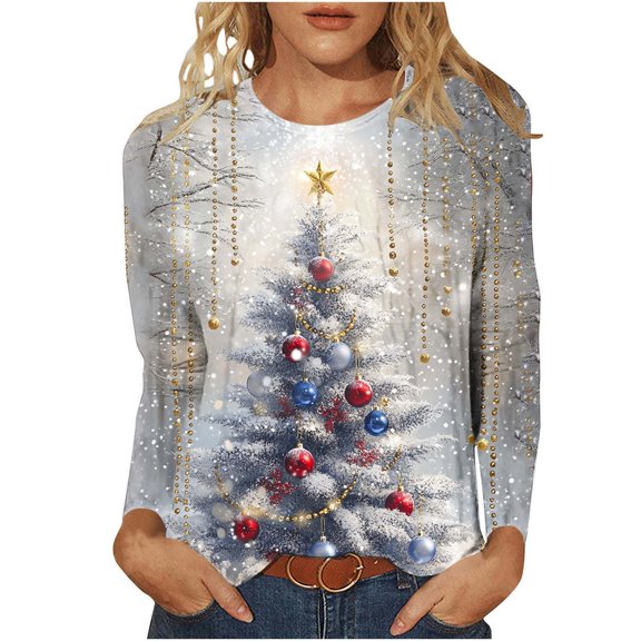 Hvot&aat Women's Christmas Graphic T Shirt Round Neck Long Sleeve Casual Festive Top Ugly Xmas Sweater