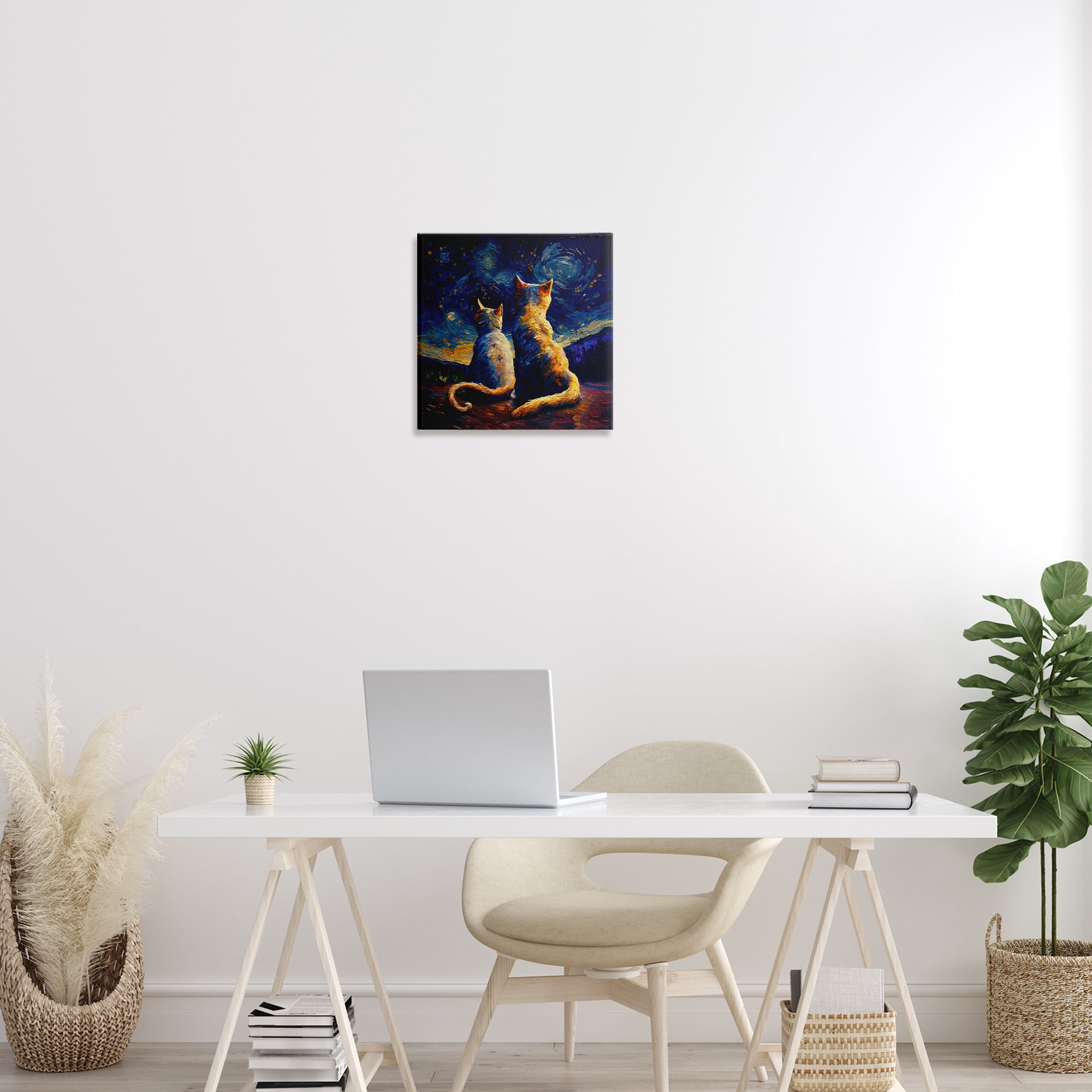 Stupell Industries Swirled Night Sky Cats Animals Painting Wrapped Canvas Art Print Wall Art, 17 x 17