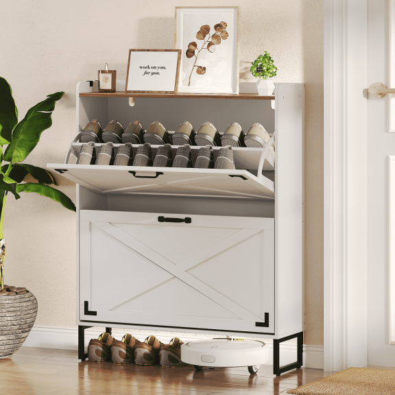EROMMY Industrial Farmhouse 2-Tier Flip-Down Shoe Cabinet with Back Panel, Removable Shelves & 2 Movable Hooks, Adjustable Metal Feet, Rustic Entryway Organizer