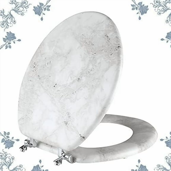 Round Marble Toilet Seat Natural Wood Toilet Seat with Zinc Alloy Hinges, Easy to Install also Easy to Clean, Anti-pinch Wooden Toilet Seat by  (Round, Gray)