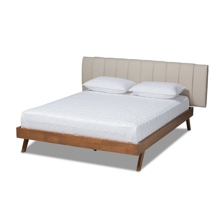 Baxton Studio Brita Mid-Century Modern Light Beige Fabric Upholstered Walnut Finished Wood Queen Size Bed Baxton Studio Brita Mid-Century Modern Light Beige Fabric Upholstered Walnut Finished Wood Queen Size Bed