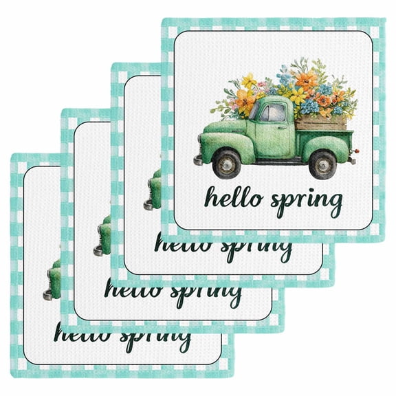 Hello Spring Kitchen Dish Towels for Drying Dishes Set of 4, Easter Flowers Green Truck Floral Blue Plaid Waffle Weave Microfiber Hand Tea Bathroom Towels Quick Dry & Absorbent Towel 12x12