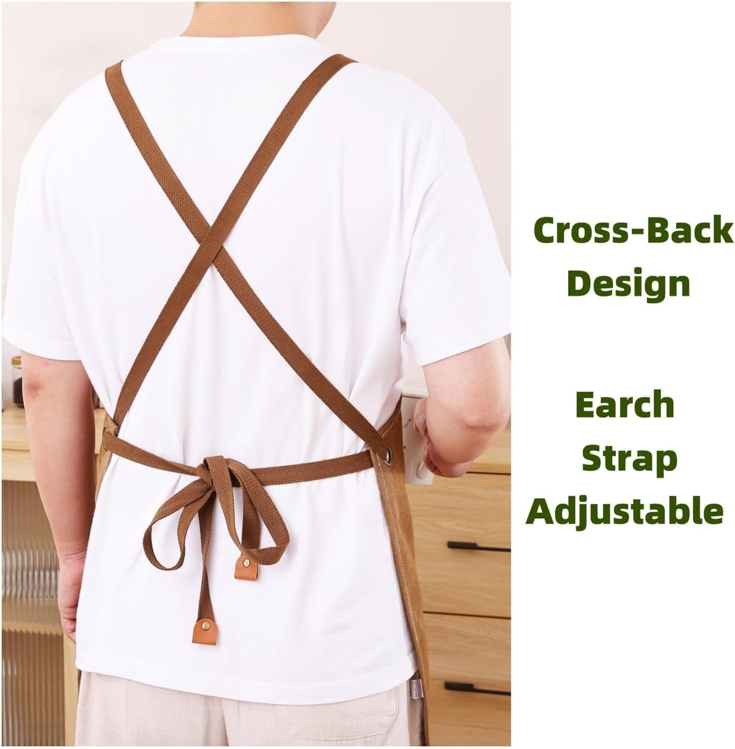 Chef Apron Medium-Thick Cotton Canvas,Cross Back with Multiple Pockets Adjustable Work Apron for Men and Women (Beige)