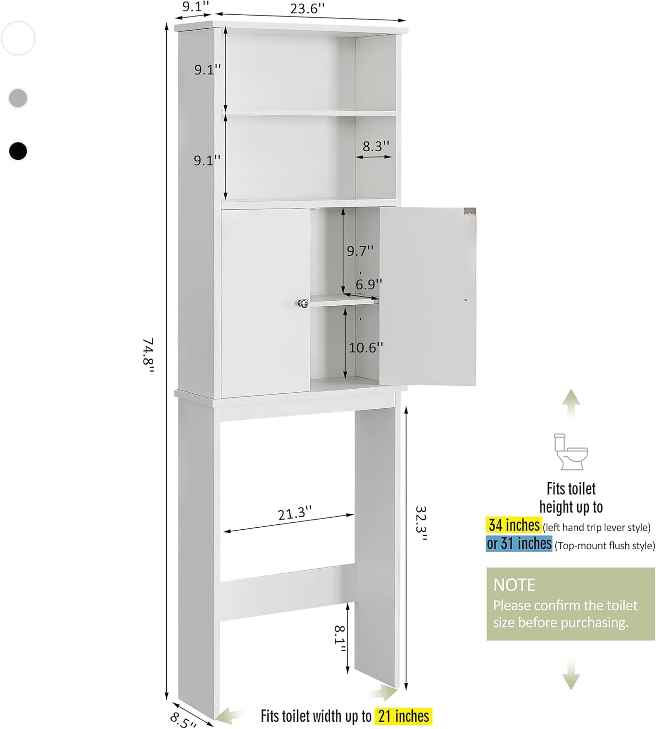 JessieMal Over the Toilet Storage Cabinet for Bathroom, Extra Tall Over Toilet Storage, Space Saver W/Adjustable Shelf & Open Storage Shelf, 75in, White