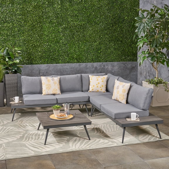 Cristian Outdoor 4 Piece Wood and Aluminum V-Shaped Sofa Set, Gray, Gray