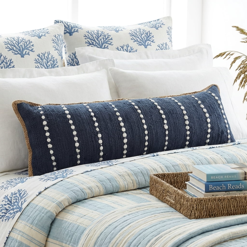 Ox Bay Ringo 14" x 36" Navy Blue/White Jute Bordered Striped Cotton Adult Decorative Throw Pillow