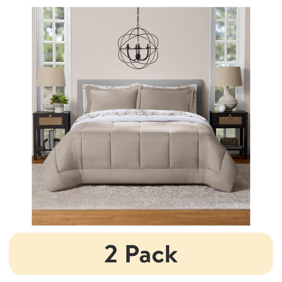 (2 pack) Mainstays All in One Reversible Comforter and Sheet Set- 7 Piece, Queen, Beige Palm