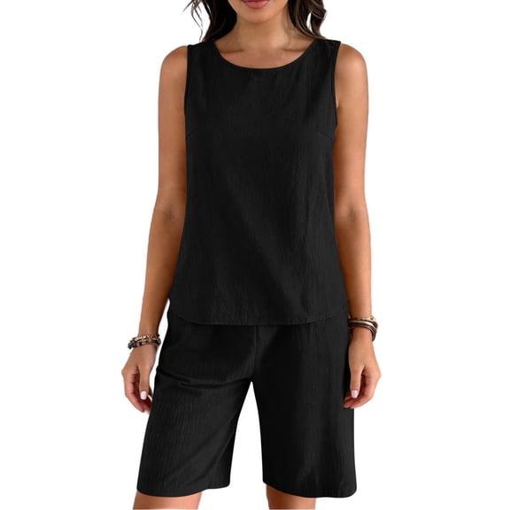 Yievot Women's Linen 2 Piece Short Sets Summer Outfits Sleeveless Crop Tank Tops and Casual Shorts Two Piece Beach Vacation Outfits