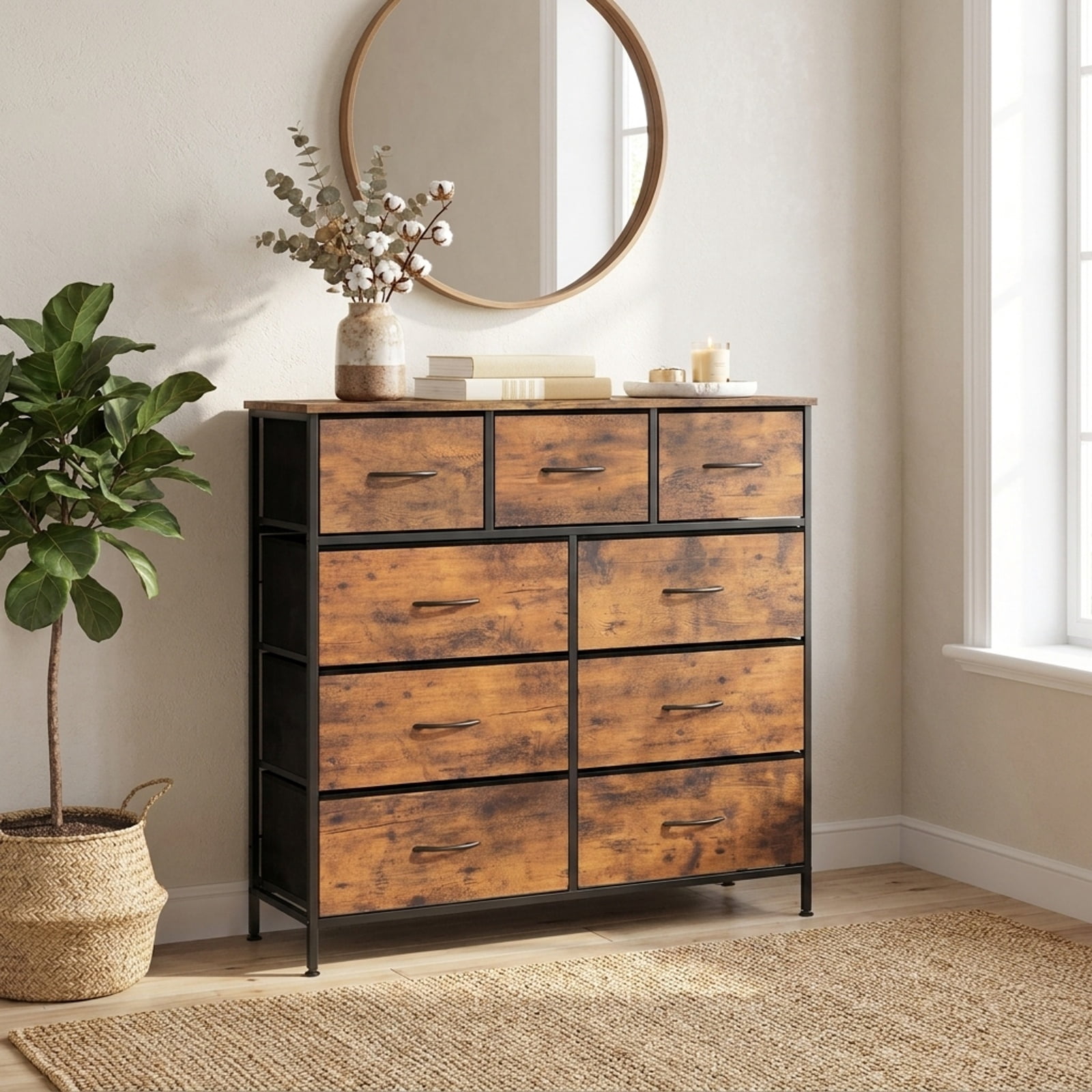 Furnibear 9-Drawer Fabric Dresser with Wooden Top for Bedroom for Bedroom Closet Living Room Nursery Clothes Storage, Rustic Brown