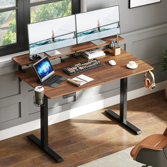 Standing Desk with 2 Adjustable Monitor Shelves, 63 x 24 Inches Electric Stand Up Desk with Memory Controller and Adjustable Height from 28-46 inches for Computer Workstations, Walnut