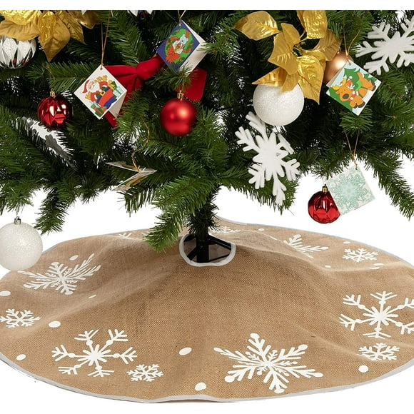 nipocaio Christmas Tree Skirt, 48 Inch Burlap Tree Skirt with White Snowflake Print Round Christmas Tree Cover Mat for Christmas Tree Decorations (Khaki)