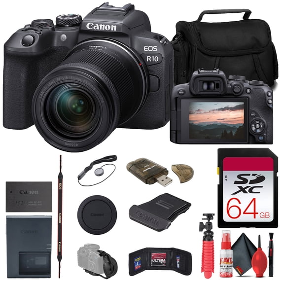 Canon EOS R10 Mirrorless Camera with 18-150mm Lens 5331C016 Sony 64GB TOUGH SD Card Bag Card Reader Flex Tripod Hand Strap Memory Wallet Cap Keeper Cleaning Kit International Model