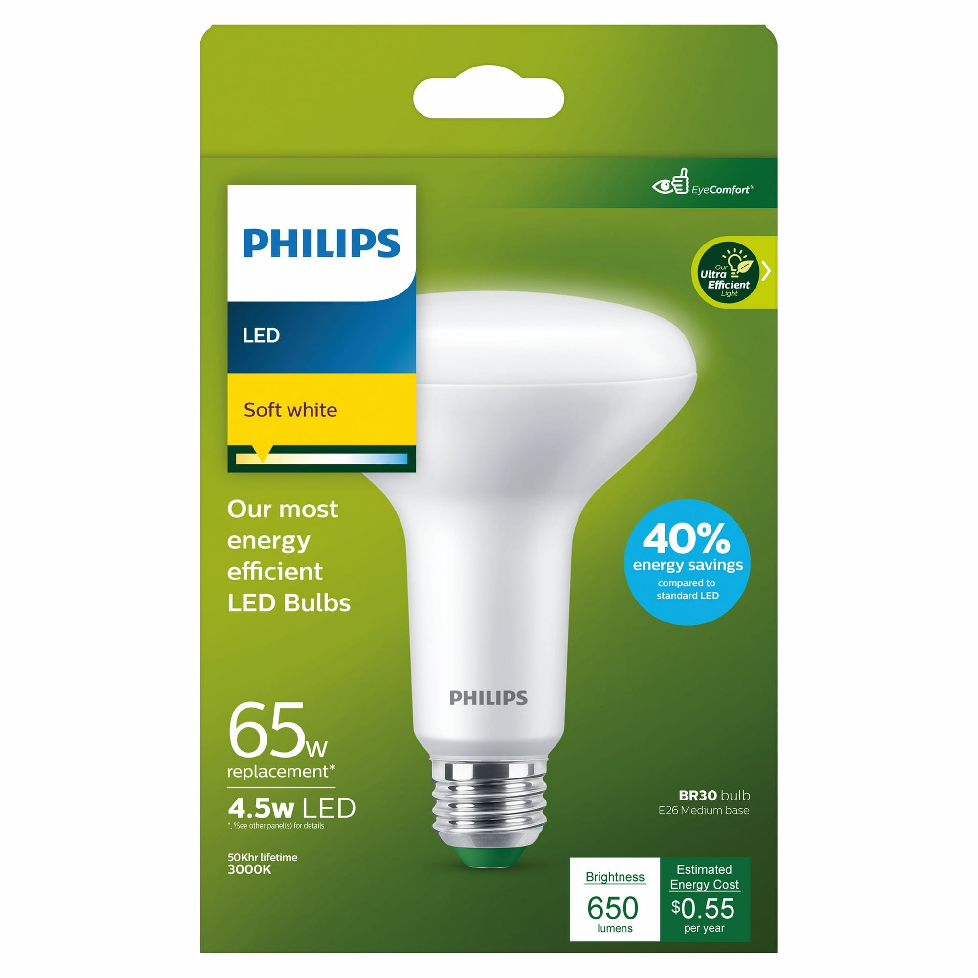 Philips Ultra Efficient LED 65-Watt BR30 Floodlight Light Bulb, Soft White, Dimmable, E26 Base (1-Pack)