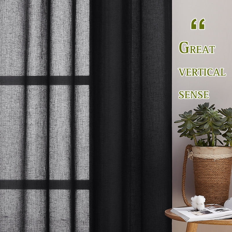 NICETOWN Black Sheer Curtains for Bedroom, Grommet Semi Sheer Linen Window Treatment Linen Weave Vertical Drapes Privacy with Light Filter for Kid's Room, 52"x63", 2 Panels