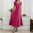 thumbnail image 4 of Up to 30% off Summer Saving Women Dresses, Women's Summer Sexy Fashion Solid Color Pocket Ruffle Short Sleeve V-Neck Dress(Hot Pink,S), 4 of 8
