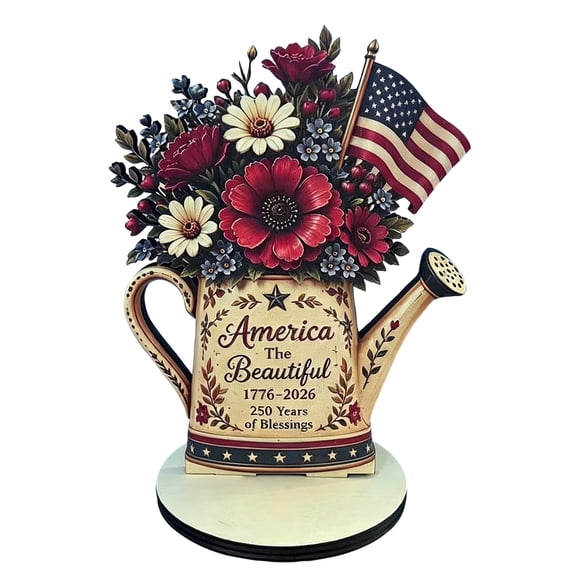 American 250th Independence Day Tabletop Decor, Patriotic Flower Watering Can Pitcher Ornament 1776-2026, Quartersemicentennial Collectible Milestone Sign with Flag for Home Desk, 1Pc
