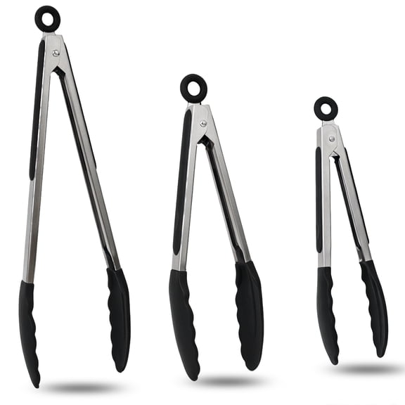 Kitchen Tongs Set, 3 Pcs Heat Resistant Silicone Tipped Cooking Tongs, 7"/9"/12" Stainless Steel Locking Tongs for BBQ, Salad & Grilling