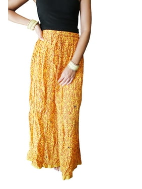 Mogul Women Maxi Skirt, Yellow Red Printed Floral Cotton Skirt, Casual Summer Bohemian Long Skirts S/M