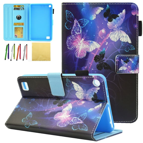 Kindle Fire 7 2017 (7th Generation)/ Fire 7 2015 (5th Generation) Kids Case, Allytech PU Leather Stand Wallet Cases and Covers for All New Amazon Fire 7 Tablet with Stylus Holder, Purple Butterfly