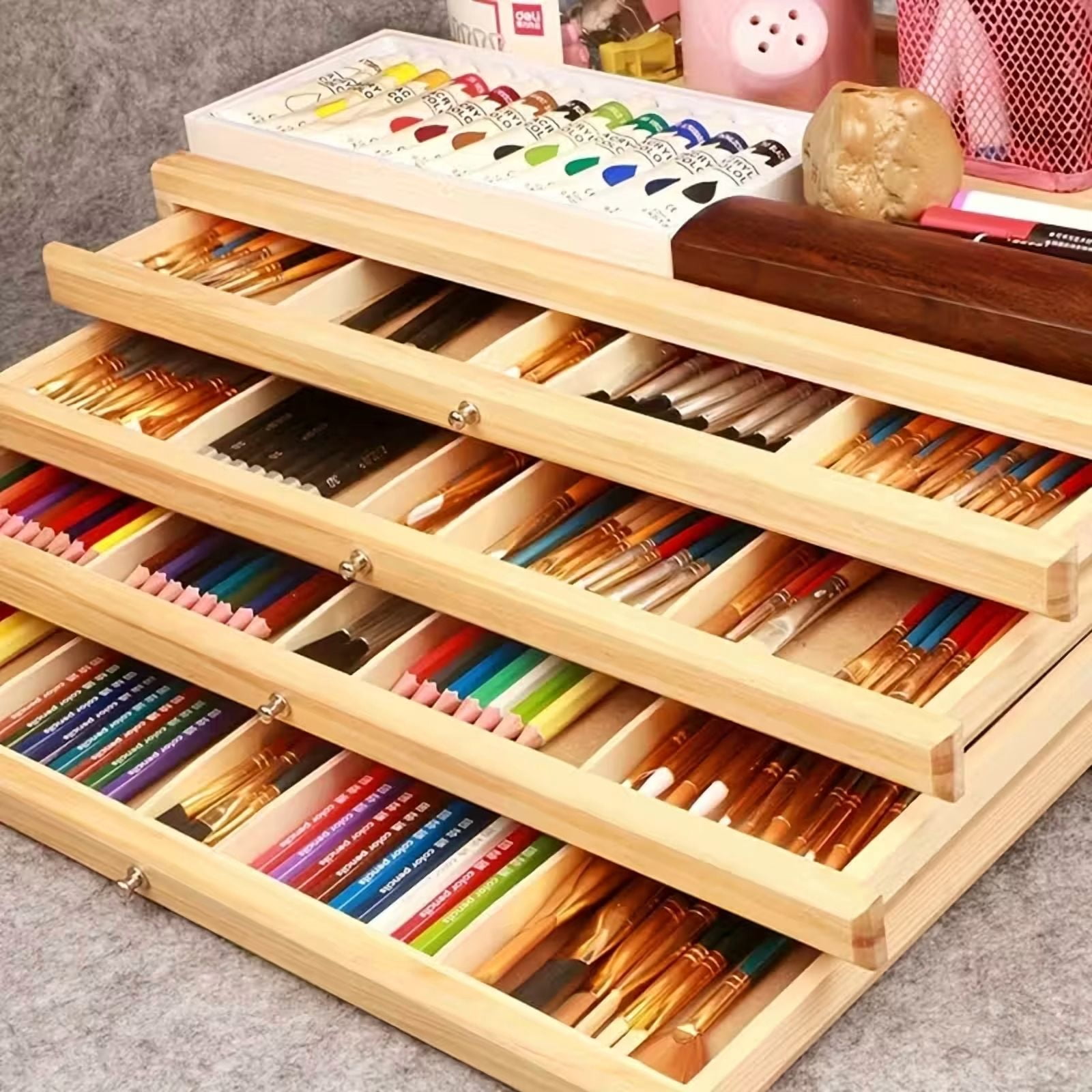 Wooden Art Supply Organizer, 4-Tier Drawer Storage Box, Natural Birch, Stackable Craft Caddy for Pencils Brushes Tools