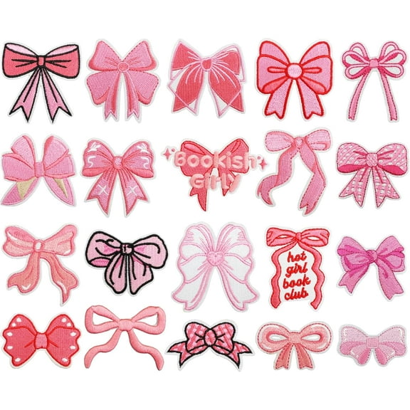Pink Bow Iron On Patches, 20Pcs Embroidered Iron on/Sew on Patches Cute Bowknot Sew on Repair Embroidered Applique Girly Aesthetic DIY Craft