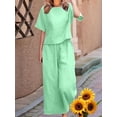 thumbnail image 4 of Women'S 2 Piece Set - Boat Neck Half Sleeve Top & Wide Leg Pants with Pockets, Casual for Work, Travel Light Green XL, 4 of 6