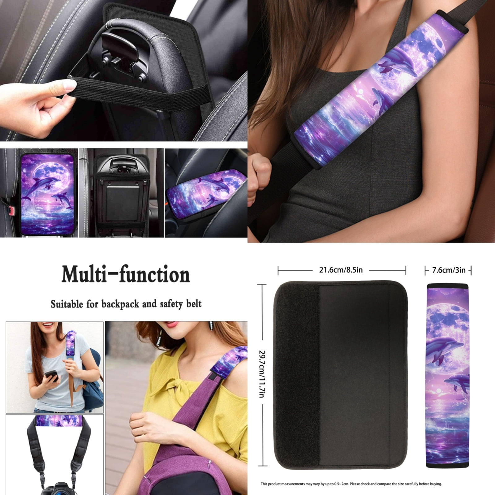 Yuyamidu Cute Dolphin Car Seat Cover Set with Steering Wheel Cover Purple Moon Seat Belt Pad Cup Holder Auto Armrest Cover Keychain Fit for Most Cars SUVs