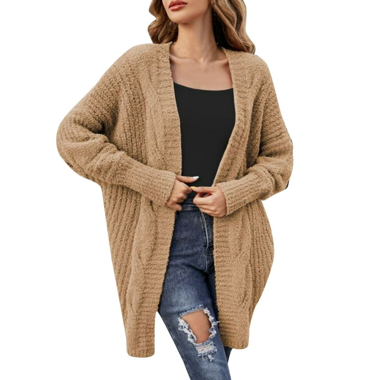 JDEFEG Sweater Coat Ladies Solid Color Knit Cardigan Buttonless Casual  Loose Sweater Jacket Coats Women Sweaters for Women Polyester Khaki Xl