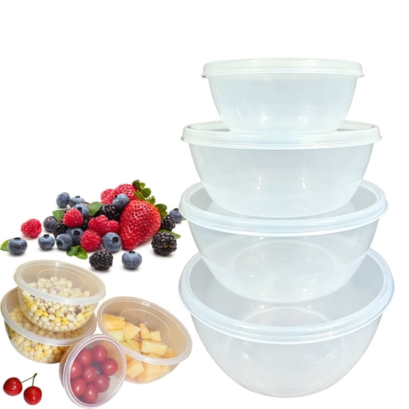 4-Piece Classic Plastic Bowls with Lids, Nesting Plastic Small Mixing Bowl Set for Mixing, Baking, Prepping, Cooking and Serving Food, Microwave and Dishwasher Safe