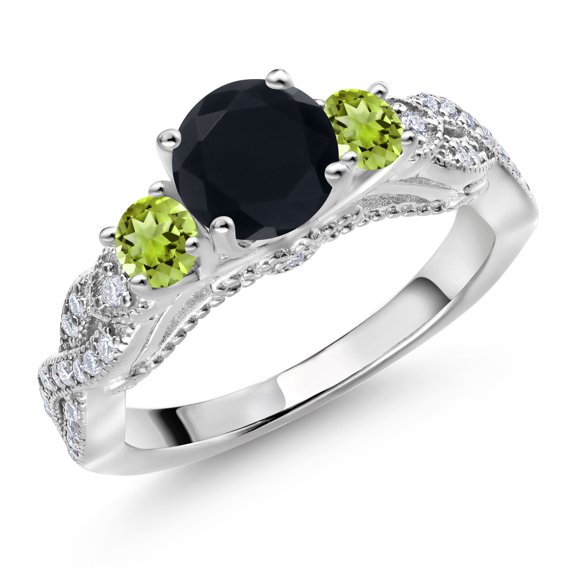 Gem Stone King 925 Sterling Silver Black Onyx Green Peridot and White Moissanite Engagement Ring for Women (1.31 Cttw, Gemstone December Birthstone, Round 6MM and 3MM, Size 5)