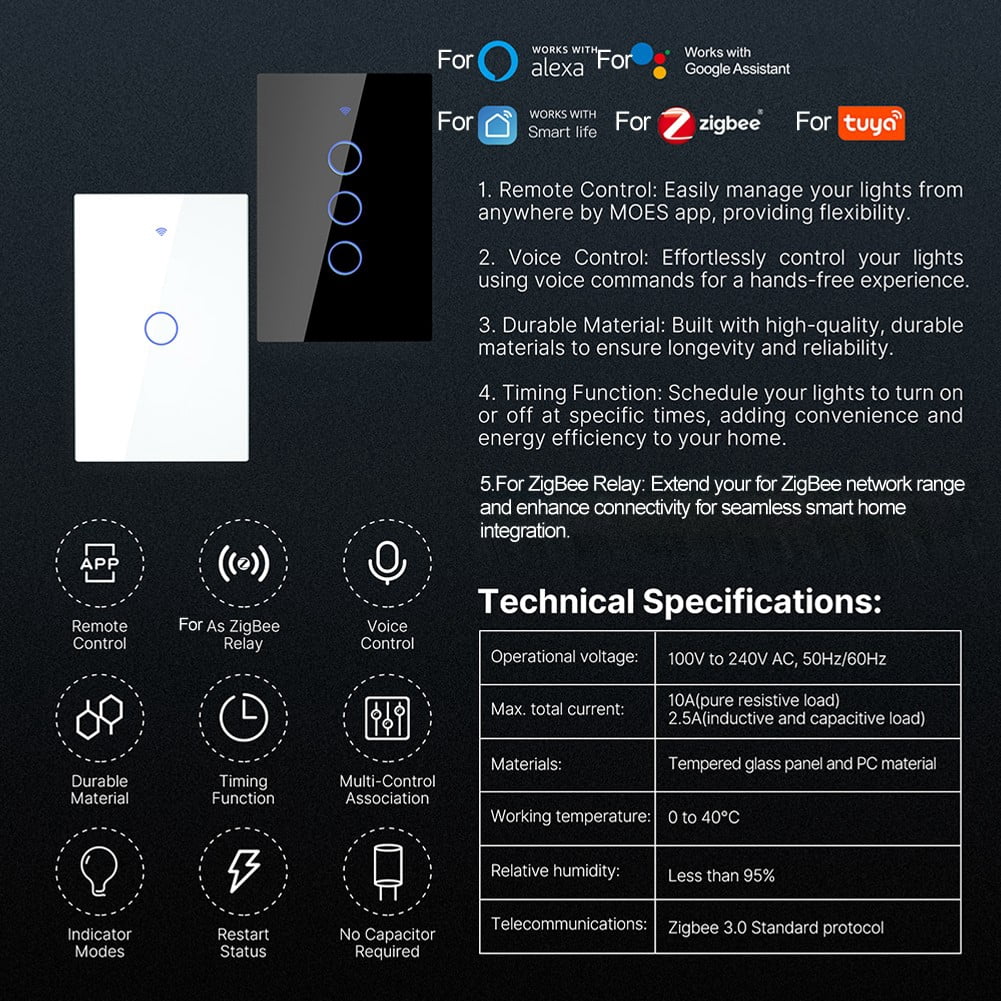 Wireless For zigbee Touch Switch with App Control and Custom Scheduling