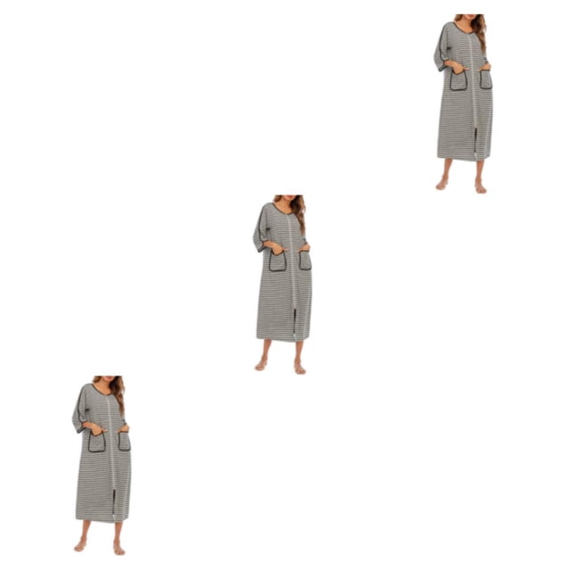 yingyy 1/2/3 Polyester Robe de Nuit Femme Décontractée Col Rond Manches Longues Double Poche Respirante Robe de Maison Vêtement de Nuit Gris m 3 Pcs