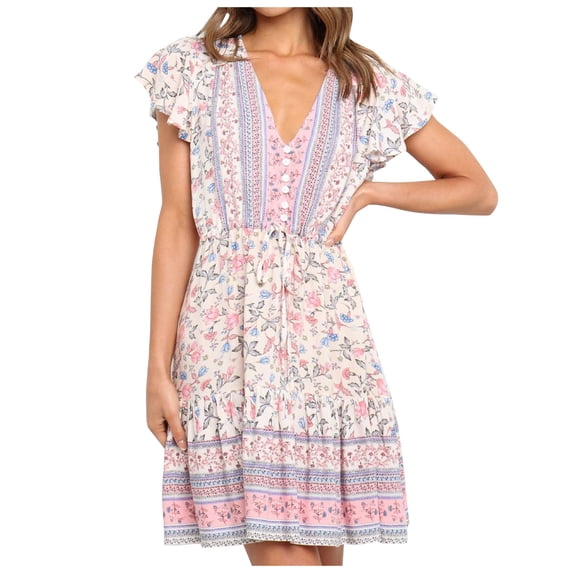 Bigersell Vintage Dress for Women Casual V-Neck Button Print Ruffle Sleeve Waist Short Sleeve Dress Evening Dresses for Female Elegant Women Boho Dresses, Style 28383, Pink S