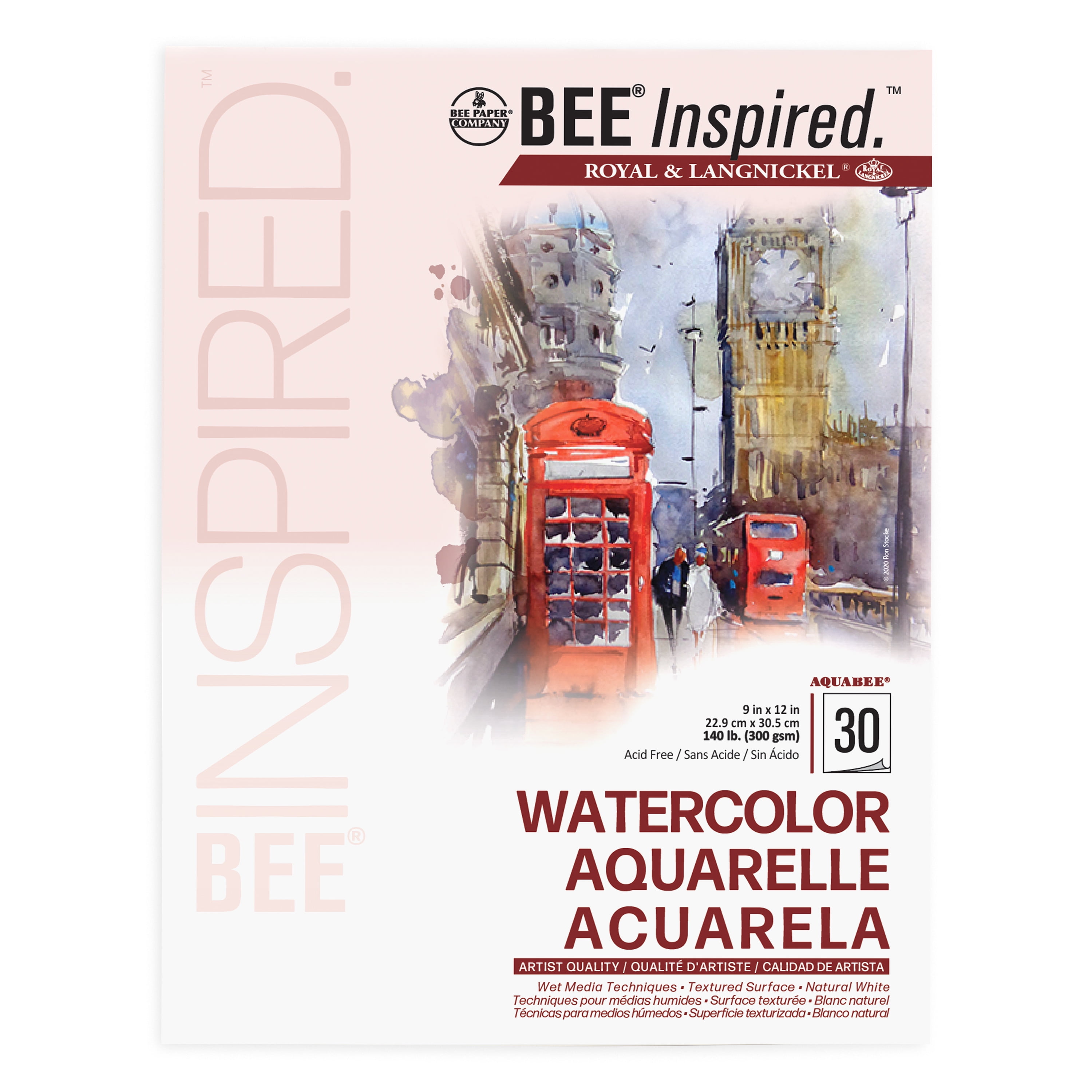 Bee Paper - Bee Inspired Bloc de papier aquarelle 23 x 30 cm, 30 feuilles,  bande supérieure, 300 g/m² (140 lb) | BEE-92066T-30 |