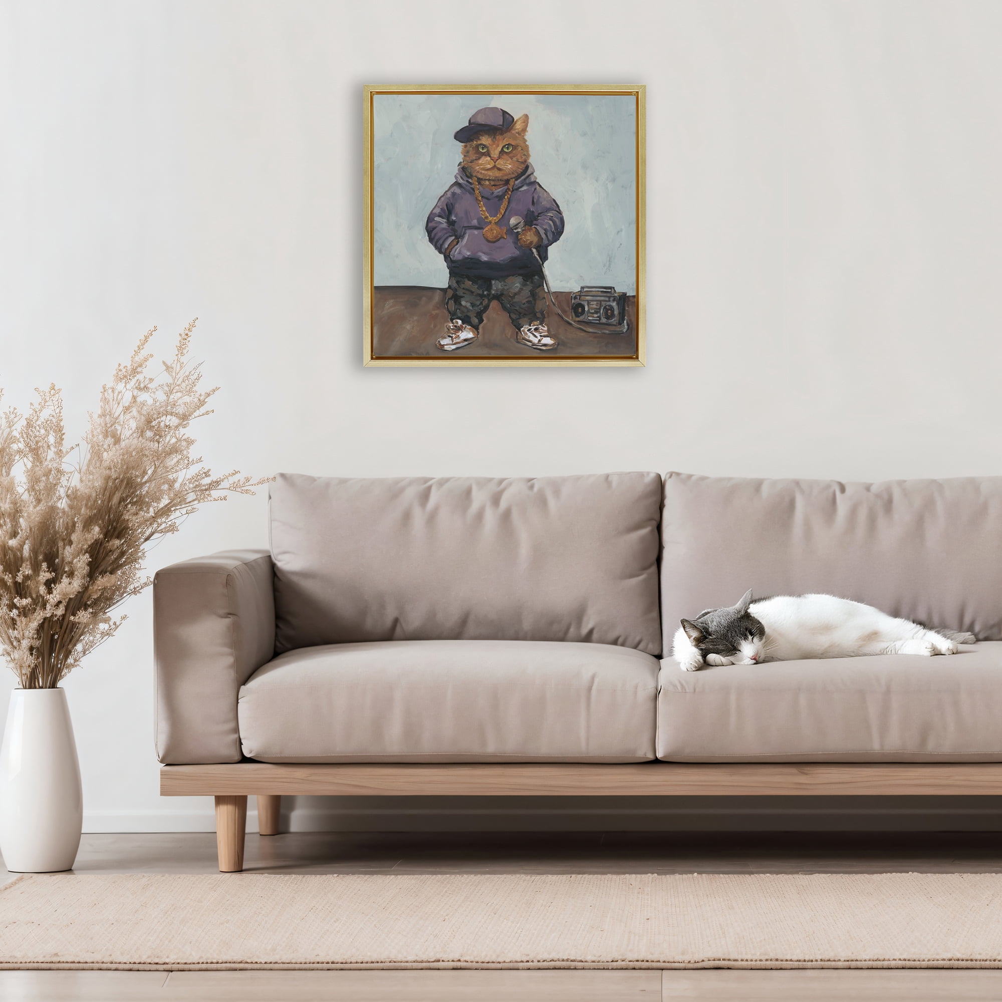 Stupell Industries Urban Hip-Hop Cat Gold Framed Floater Canvas Wall Art, design by Studio Bautista