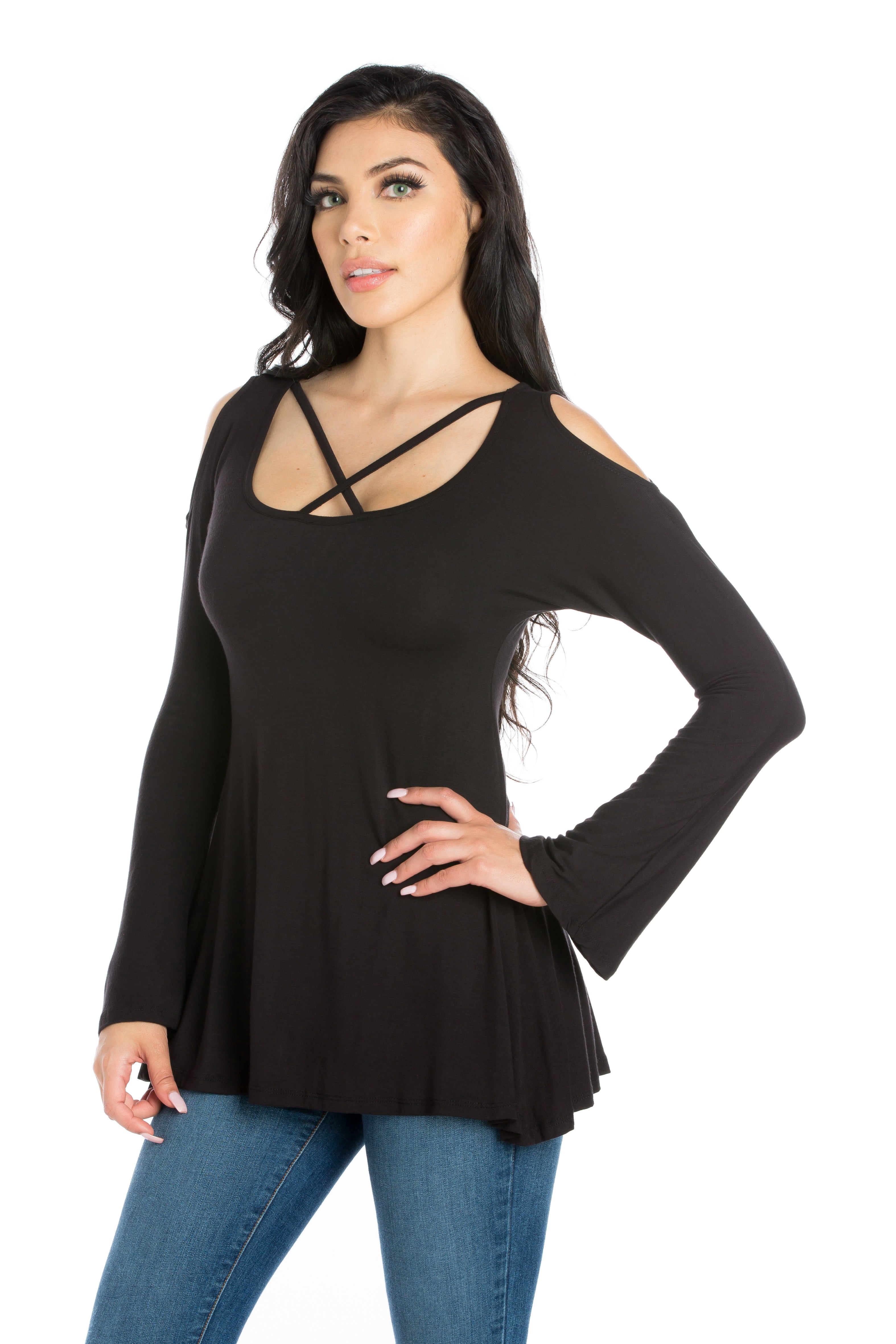 24/7 Comfort Apparel Women's Criss Cross Cold Shoulder Long Sleeve Top