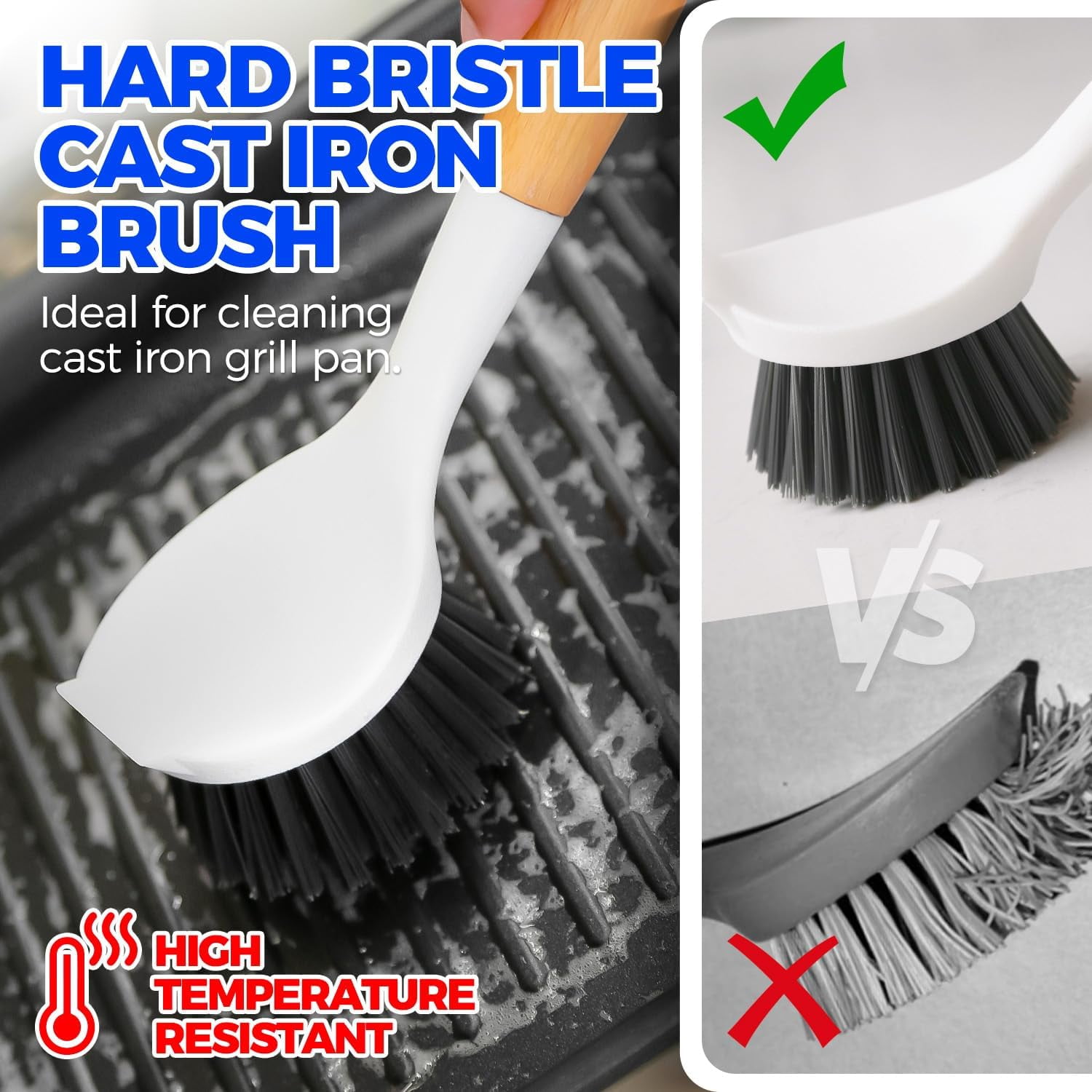 3 Pack Dish Brush Set with Bamboo Handle, Kitchen Brushes for Cleaning Pot, Sink and Stove, Skillet Scrubber with Tough Bristles for Cast Iron Grill Pan, Yellow White Black