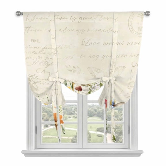 Red Mushrooms Tie Up Curtains for Windows, Adjustable Balloon Window Shades, Spring Floral Farmhouse Botanical Elegant Kitchen Window Treatments Farmhouse Short Curtains with Rod Pocket 42"x45"