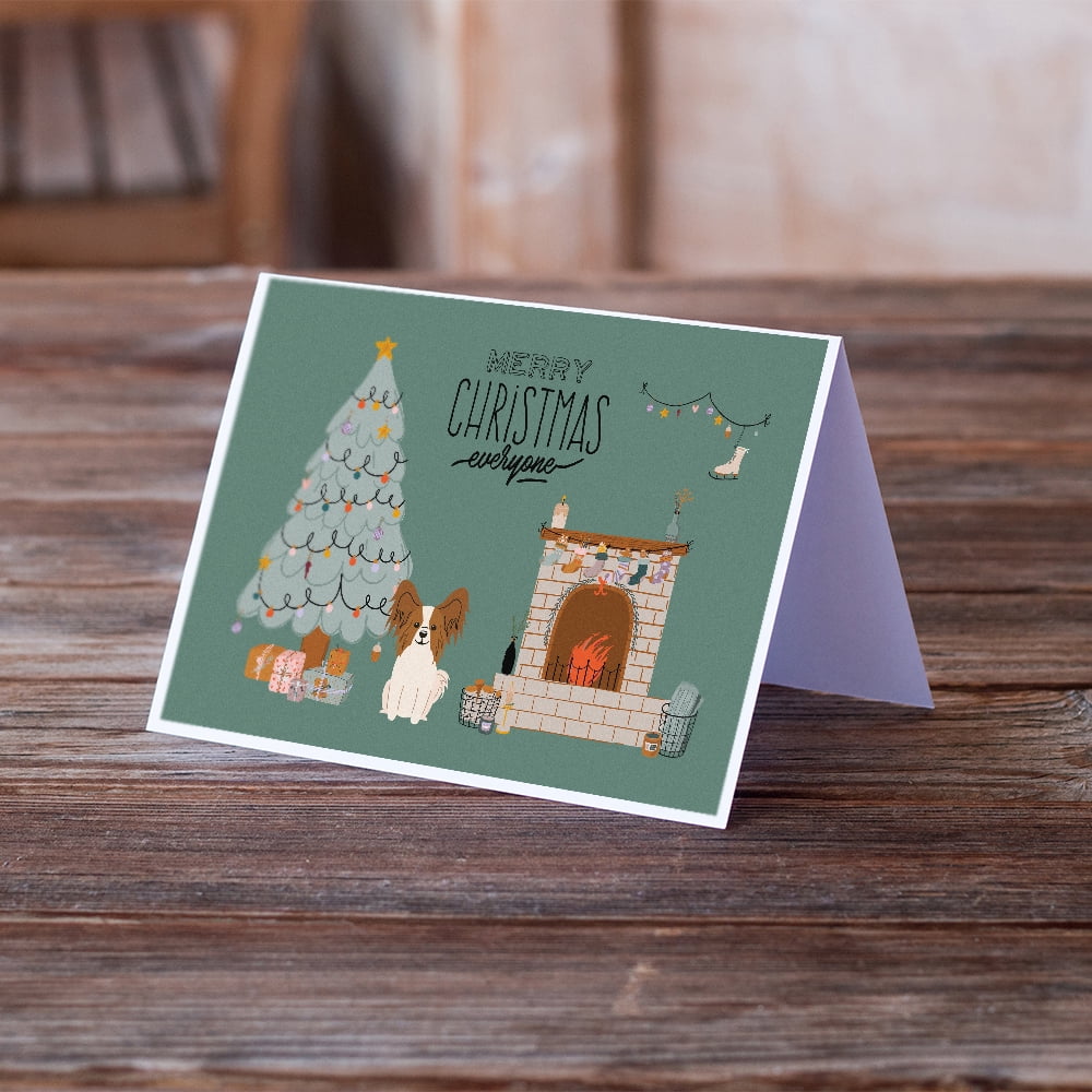 Red White Papillon Christmas Everyone Greeting Cards and Envelopes Pack of 8