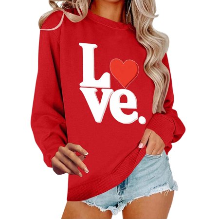 ZHOUCHANKIDS Women s Valentine s Day Hoodies & Sweatshirts Valentine s Day Long Sleeve Crewneck Sweatshirt For Women Couples Heart Print Casual Pullover Top Red M