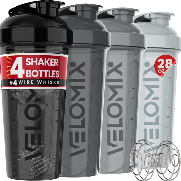 VELOMIX -4 Pack- 28 oz Protein Shaker Bottles for Protein Mixes - 4x Wire Whisk | Leak Proof Shaker Cups for Protein Shakes | Protein Shaker Bottle Pack (Silver Mix)