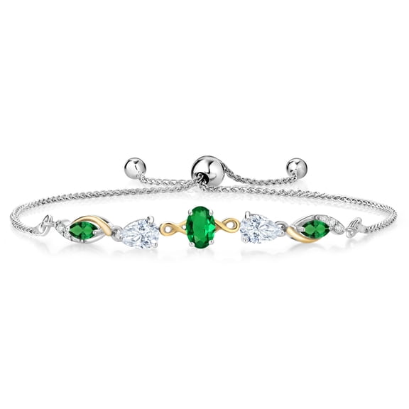 Gem Stone King 925 Silver and 10K Yellow Gold Green Nano Emerald and White Moissanite and Lab Grown Diamond Tennis Bracelet for Women By Keren Hanan (1.64 cttw, Adjustable up To 9 inch)
